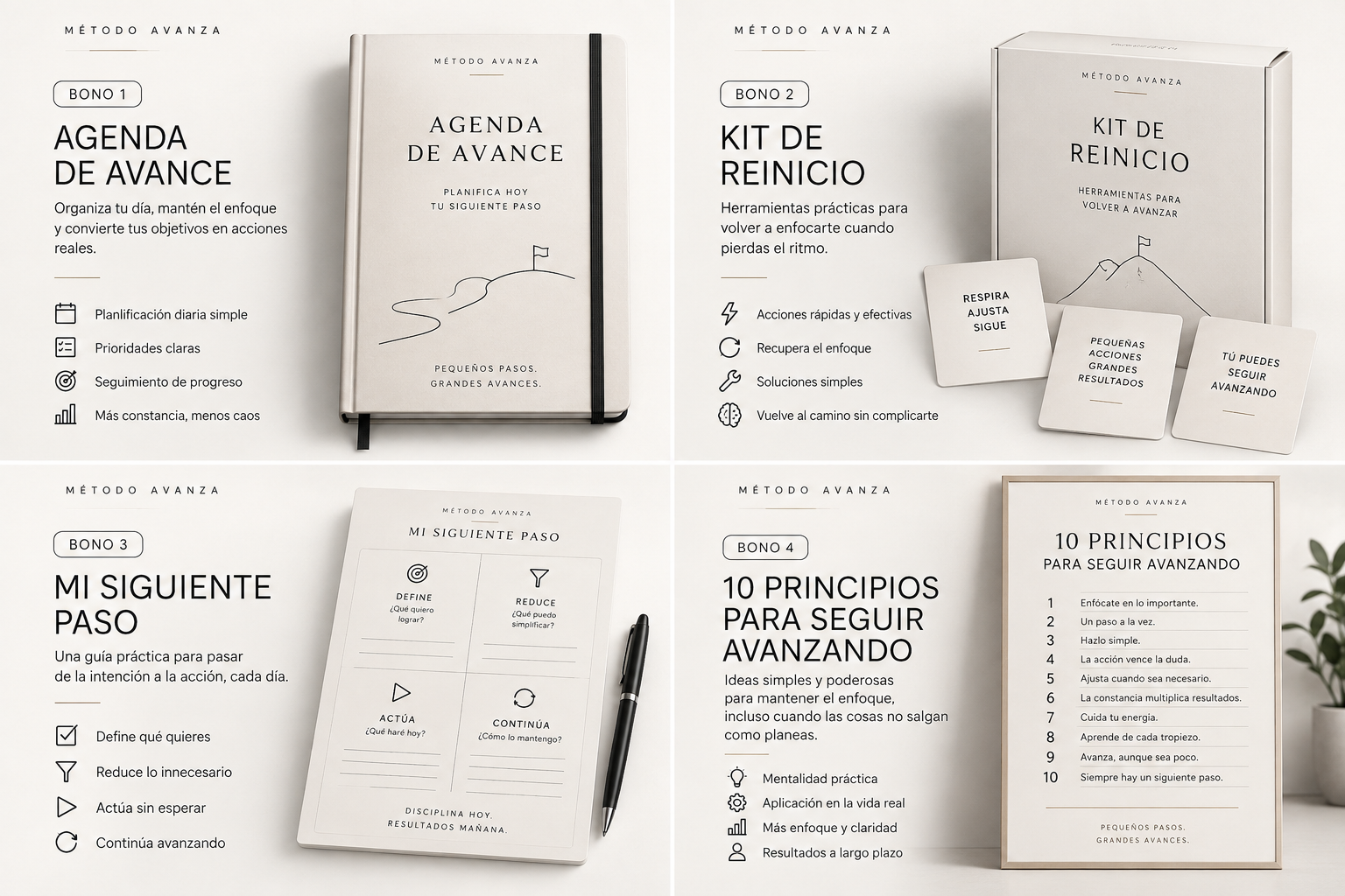 Los cuatro bonos de Método Avanza: Agenda de avance, Kit de reinicio, Mi siguiente paso y 10 principios para seguir avanzando